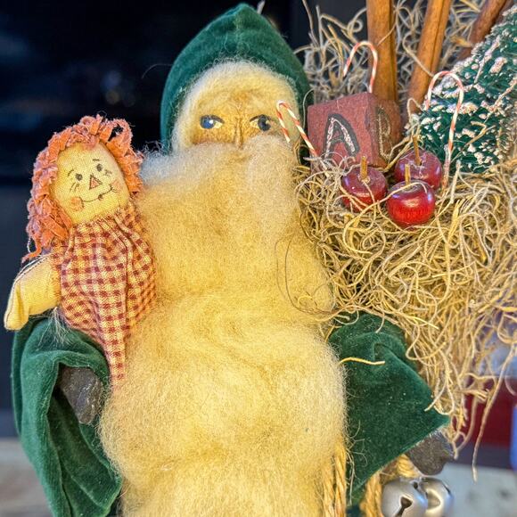 Primitive Folk Art Vintage Cloth Face Santa w Doll Christmas Tabletop Decor 11” - Picture 13 of 14